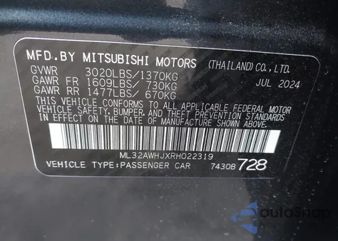 2024 Mitsubishi Mirage Black Edition/Ralliart/Se z USA, uszkodzony, nr VIN ML32AWHJXRH022319